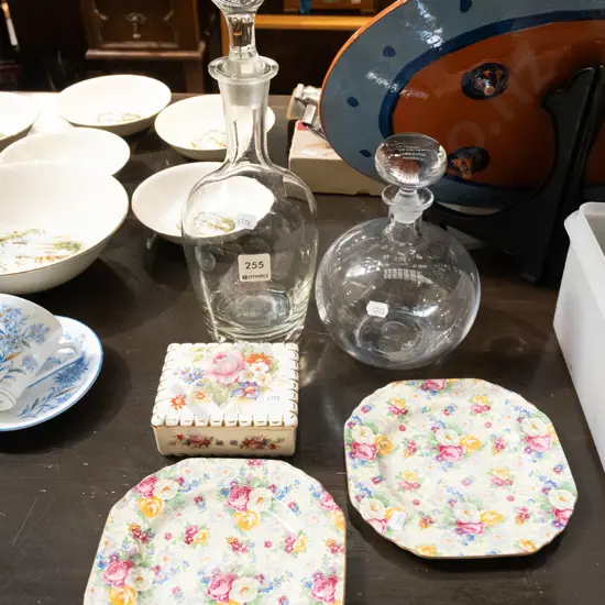 2x all over floral plates, trinket box, 2x decanters H350