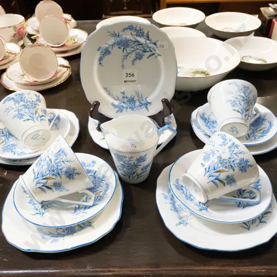 bone china blue floral cups, saucers, creamer etc