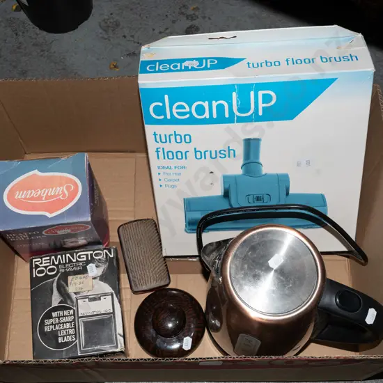 box; vacuum cleaner floor brush, razors, hair rollers etc
