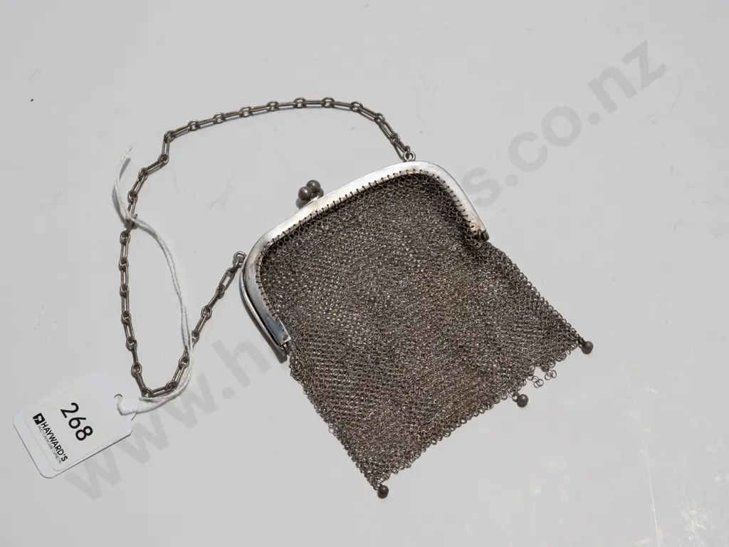 small mesh wire purse on sterling silver frame with plated chain Image 1++