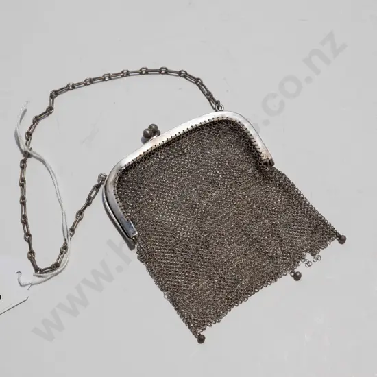 small mesh wire purse on sterling silver frame with plated chain