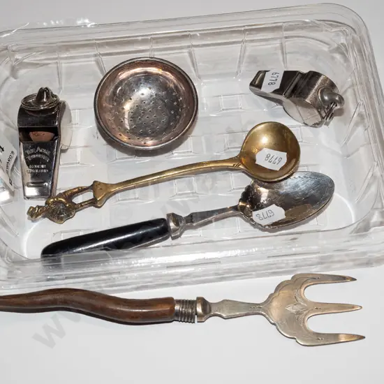 tray; spoons, fork, 2 x whistles etc