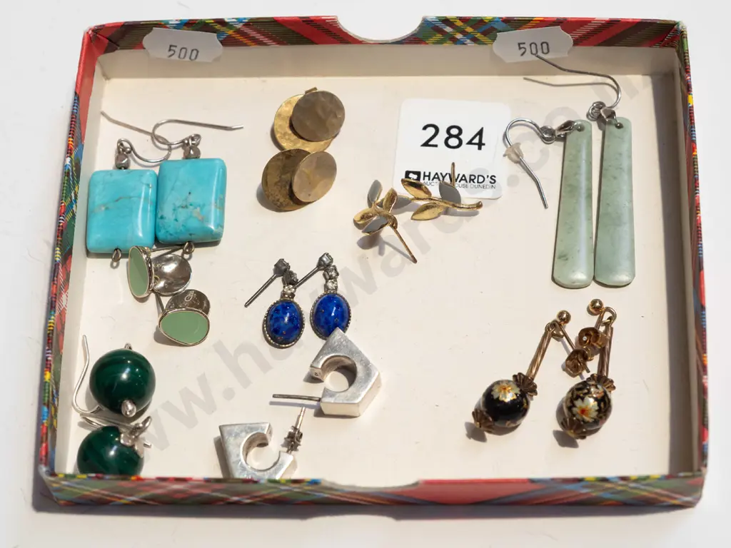 9x pairs of earrings - solid block shape and 12mm ball malachite are sterling silver Image 1++