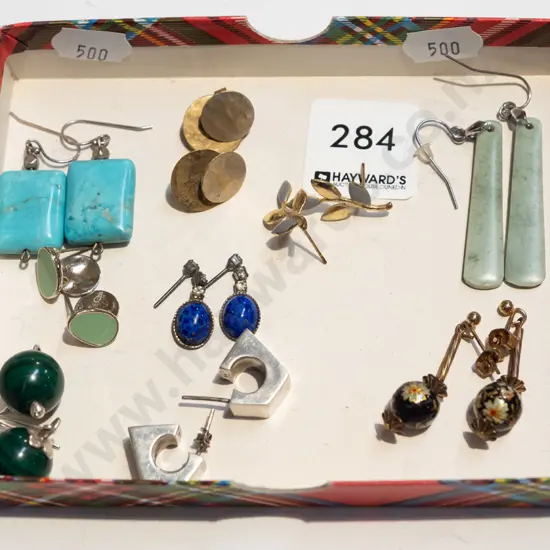 9x pairs of earrings - solid block shape and 12mm ball malachite are sterling silver