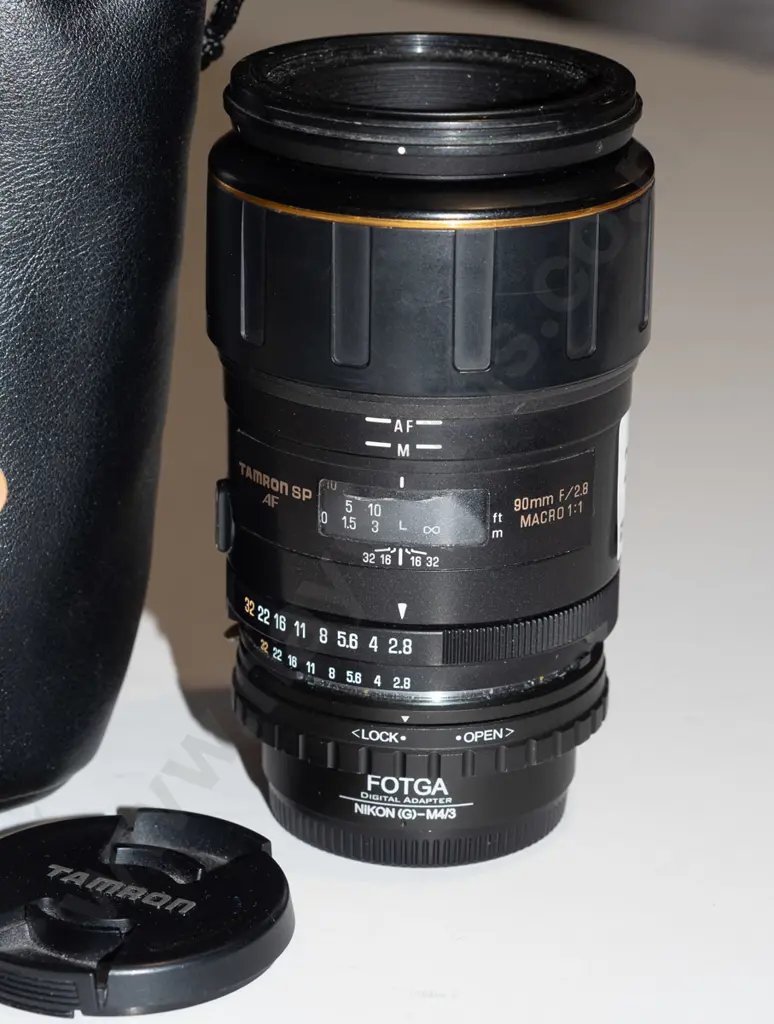 Tamron SP 90mm f/2.8 AF macro lens in Nikon G mount, with Nikon G to Micro 4/3 mount manual adapter and bag Image 1++