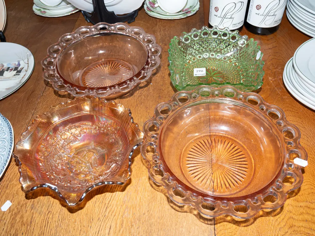 pink and green glass bowls, carnival glass bowl Image 1++