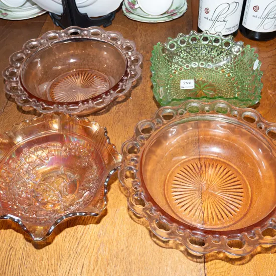 pink and green glass bowls, carnival glass bowl