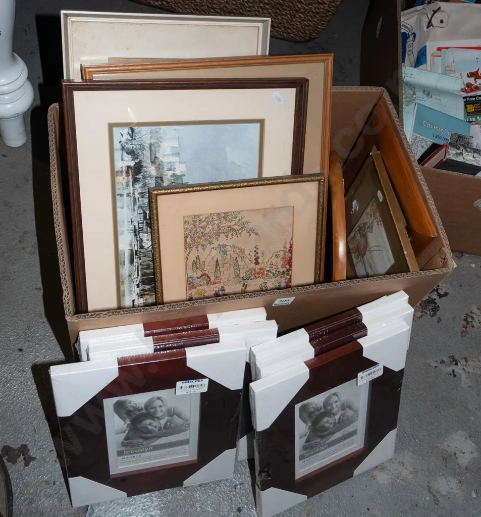 box of framed prints and vintage needleworks, as-new photo frames Image 1++