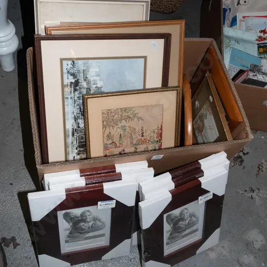 box of framed prints and vintage needleworks, as-new photo frames