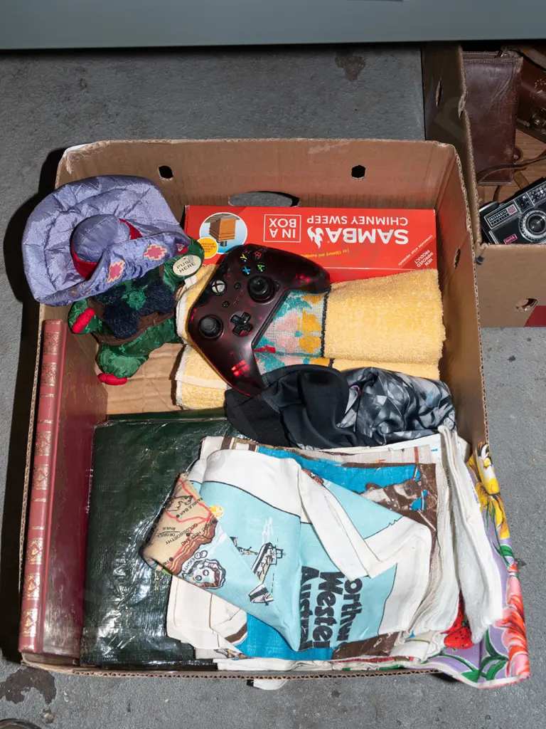 box; tea towels,small  tarpaulin, x-box controller etc Image 1++