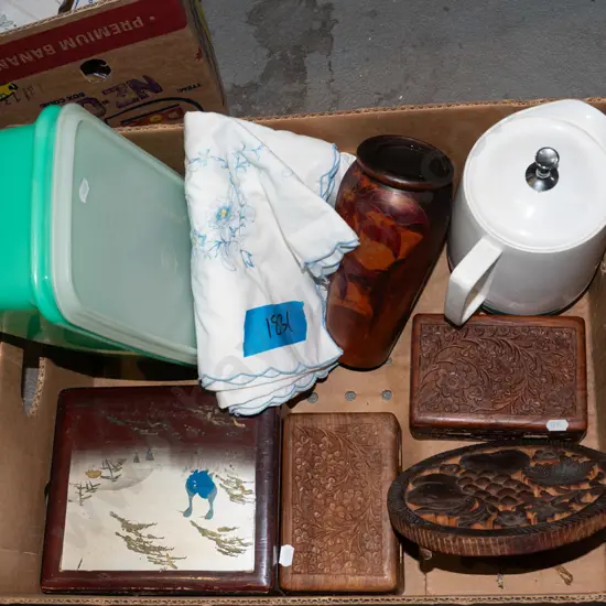 box; water jug, tupperware, trinket boxes etc