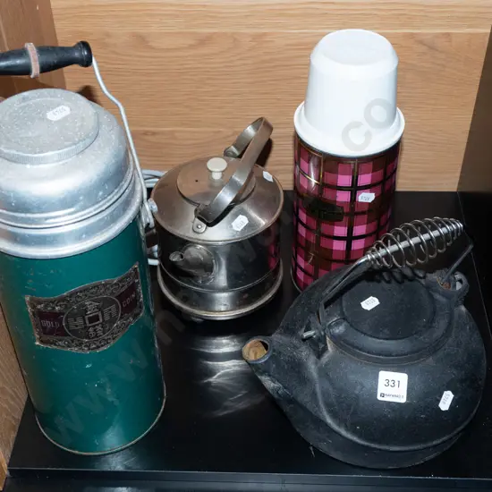 cast iron kettle, early electric kettle, 2x thermoses