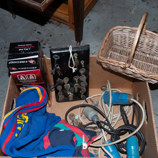 box; numerous keys, caravan power cord, fire extinguisher etc