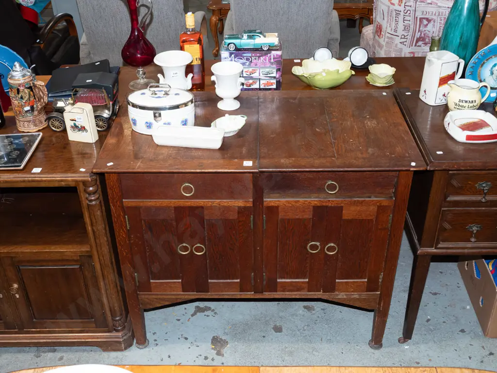 arts and craft style oak gramophone cabinet - 4 doors, 2 drawers, lift up section for gramophone H820 W970 D540 Image 1++