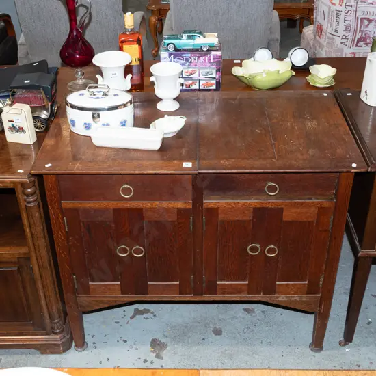 arts and craft style oak gramophone cabinet - 4 doors, 2 drawers, lift up section for gramophone H820 W970 D540