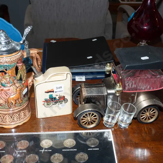 novelty decanter, beer stein, small spirit bottle