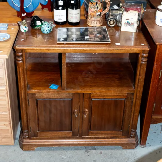 mahogany cabinet with 2 lockable doors, shelves - key in office H775 W755 D400