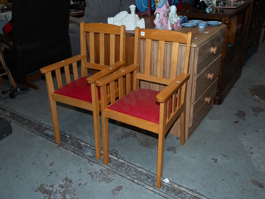 pair of oak and red vinyl childrens armchairs Image 1++