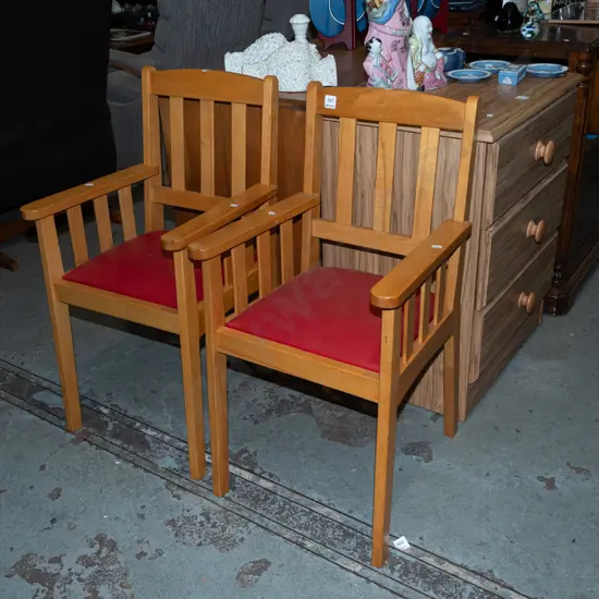 pair of oak and red vinyl childrens armchairs