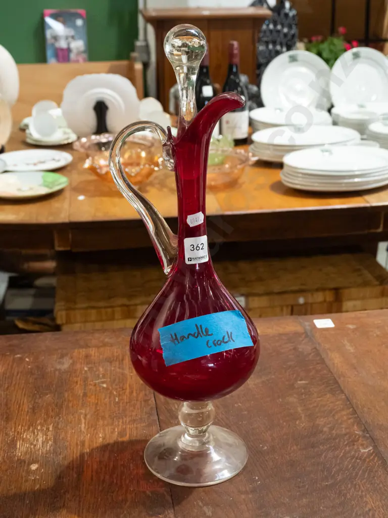 retro ruby glass decanter/ewer vase - crack to handle H460 Image 1++