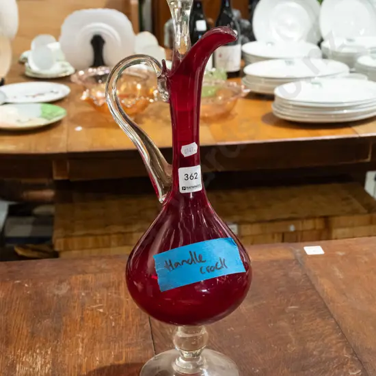 retro ruby glass decanter/ewer vase - crack to handle H460