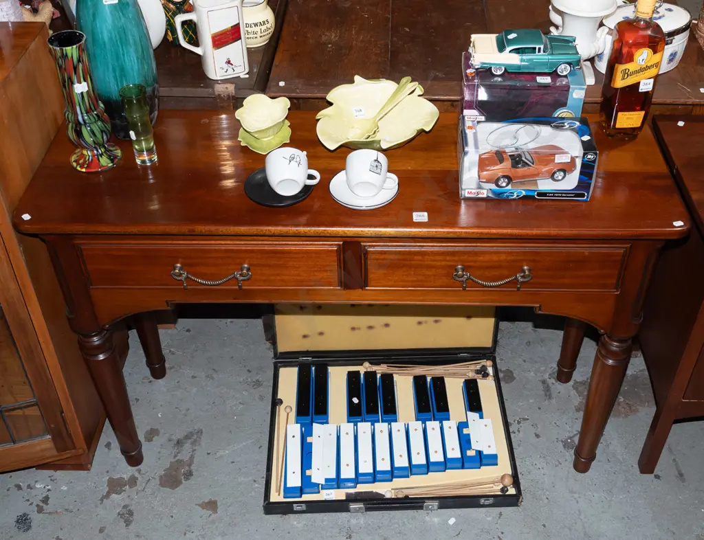 turned mahogany 2 drawer hall table with brass handles H785 W1200 D390 Image 1++