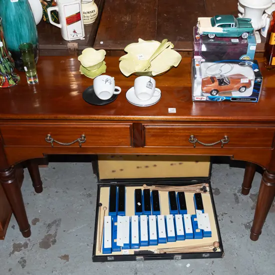 turned mahogany 2 drawer hall table with brass handles H785 W1200 D390