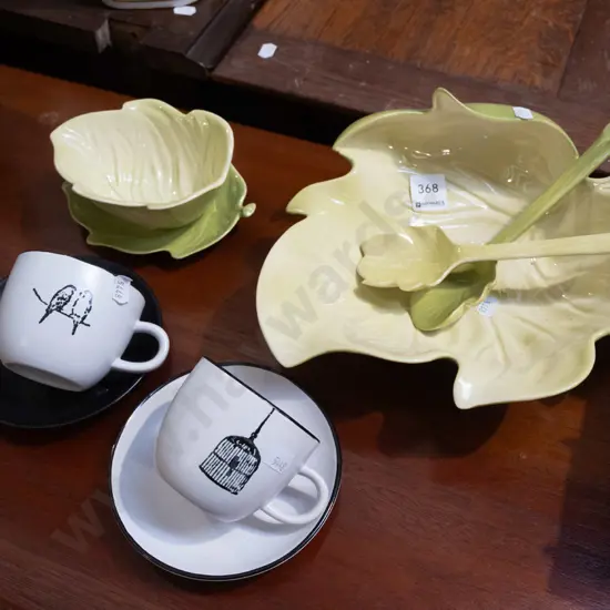 Carlton ware leaf bowl and servers, gravy boat, 2 small coffee cups and saucers