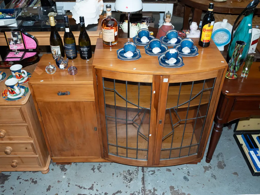 rimu sideboard with 1 solid door, 1 drawer, 2 leadlight doors - key in office - damage to drawer handle Image 1++