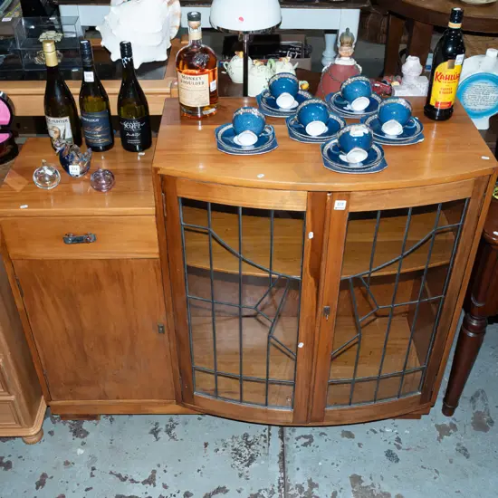 rimu sideboard with 1 solid door, 1 drawer, 2 leadlight doors - key in office - damage to drawer handle