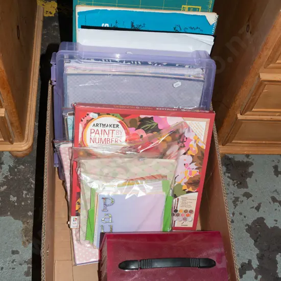 box; artist's supplies, various coloured papers, cards etc