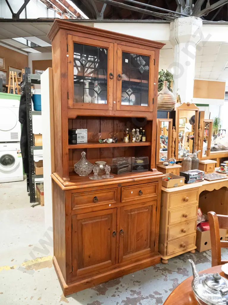 solid pine wall unit - 2 solid doors, 2 drawer, 2 leadlight doors H2060 W960 D450 Image 1++