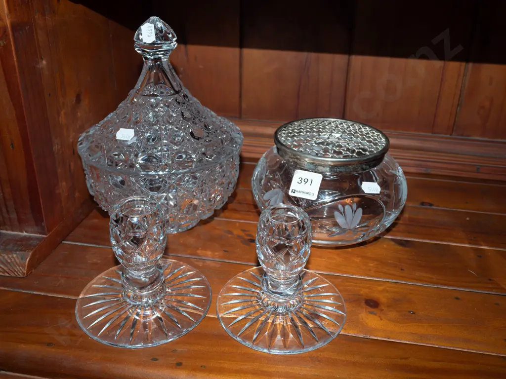 cut crystal candlesticks, rose bowl, lidded bowl Tallest H220 Image 1++