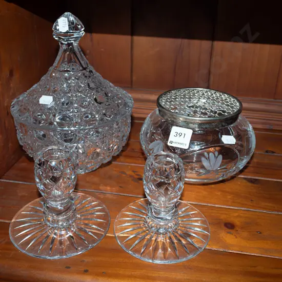 cut crystal candlesticks, rose bowl, lidded bowl Tallest H220