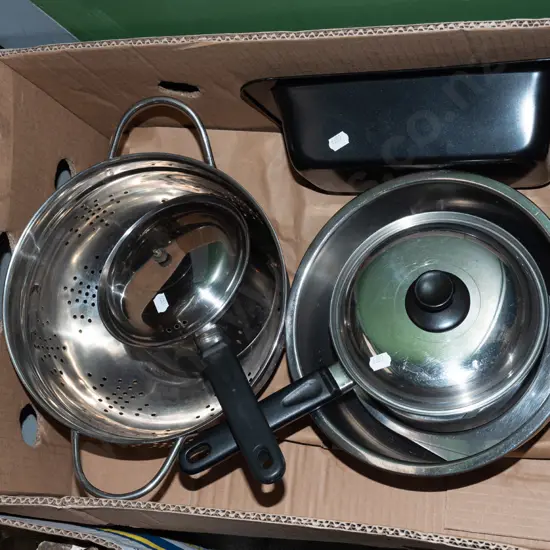 box; saucepans, bowls, baking dish etc