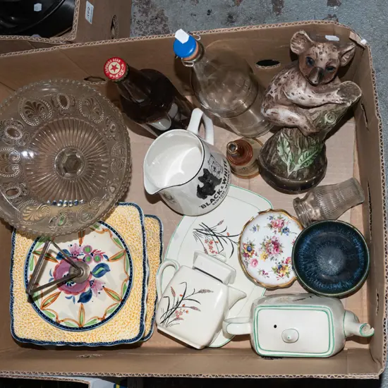 box; cake plates, large glass comport, whisky jugs etc