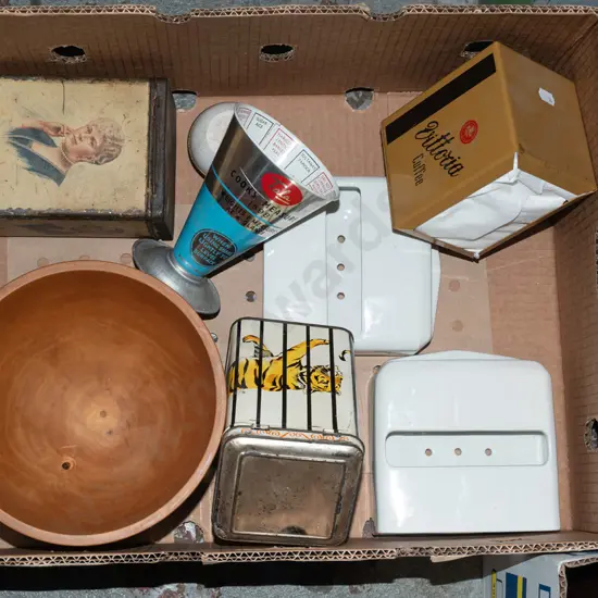 box; wooden bowl, vintage tins, measuring cup etc
