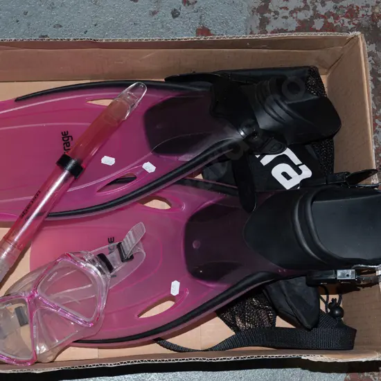 box; flippers, snorkel, mask