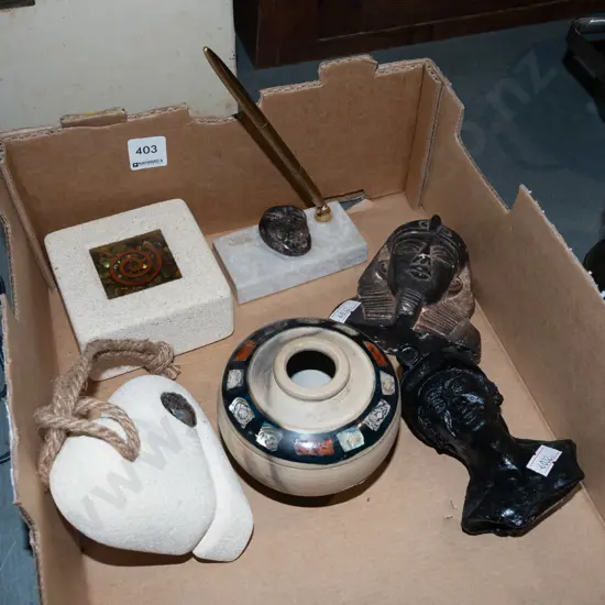 box; figurines, sandstone love heart, vase etc