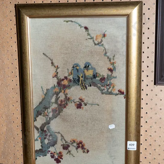 framed needlework - birds on blossom branch - age