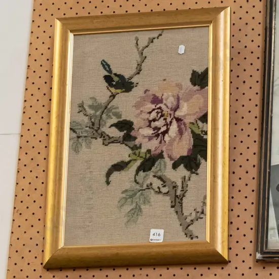 framed needlework - bird, flower, branch