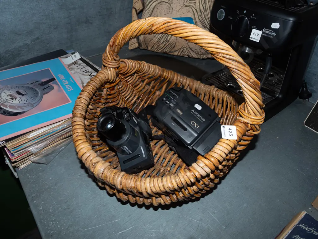 35mm camera, Mitsubishi VHS camera, cane basket Image 1++