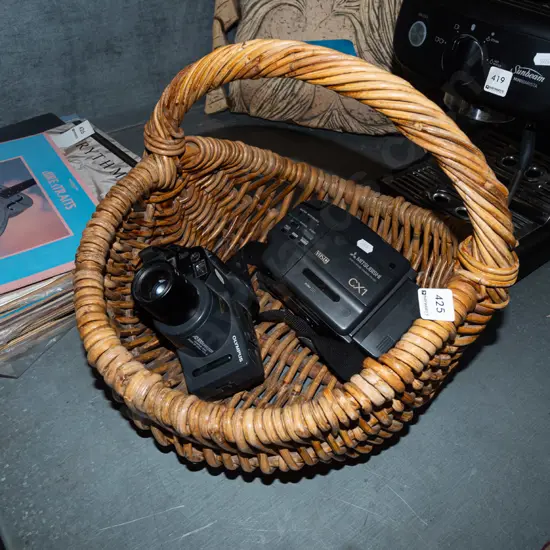 35mm camera, Mitsubishi VHS camera, cane basket