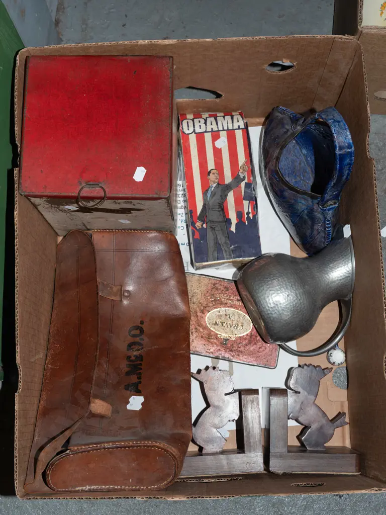 box; vintage tins, leather recorder case, bookends etc Image 1++