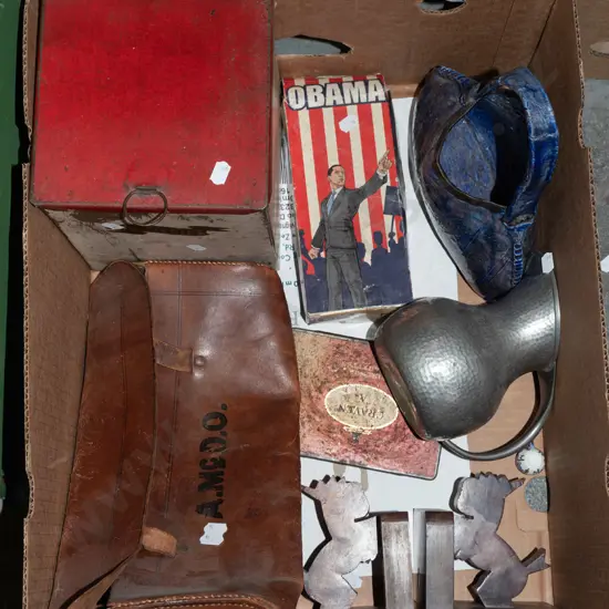 box; vintage tins, leather recorder case, bookends etc