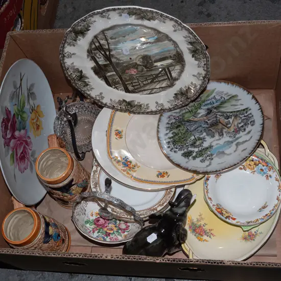 box; beer steins, plates, figurine etc