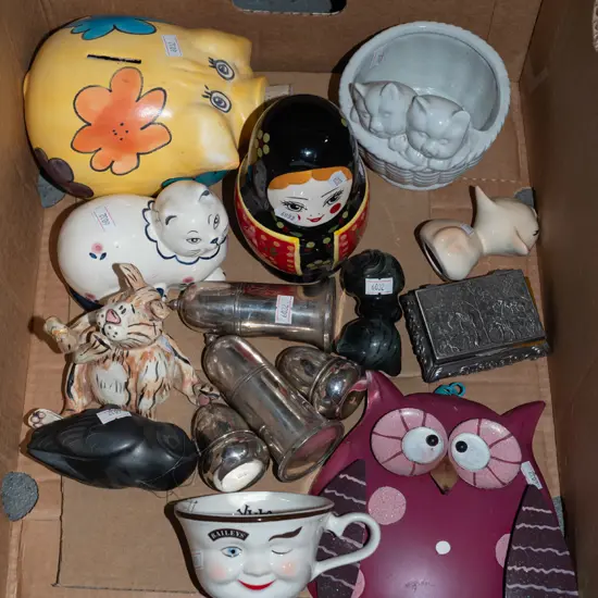 box; Russian  dolls, owl wall art, piggy bank etc