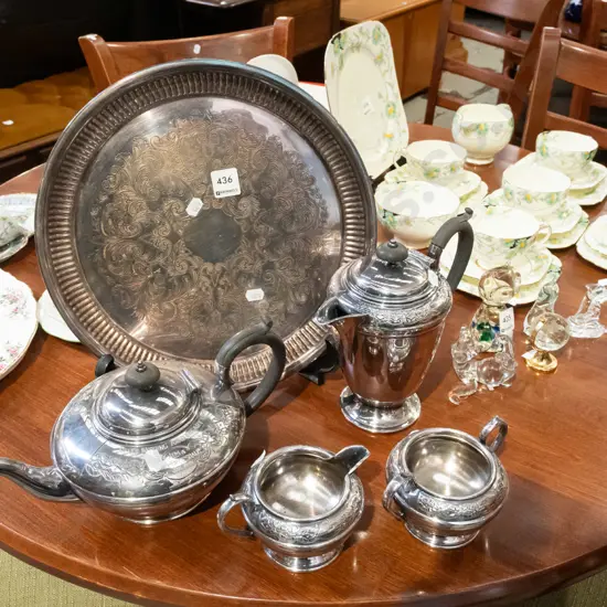 plated tray, tea pot, coffee pot etc