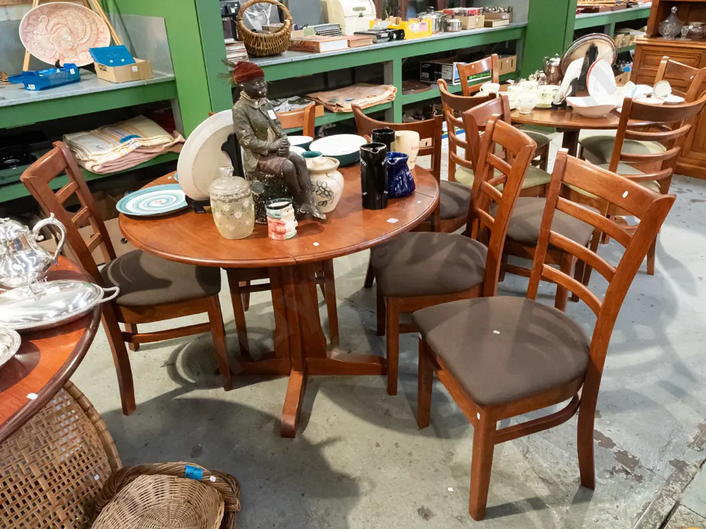 dropside extending pedestal Indonesian hardwood table with 6 ladder back chairs H770 Diam1020 Image 1++