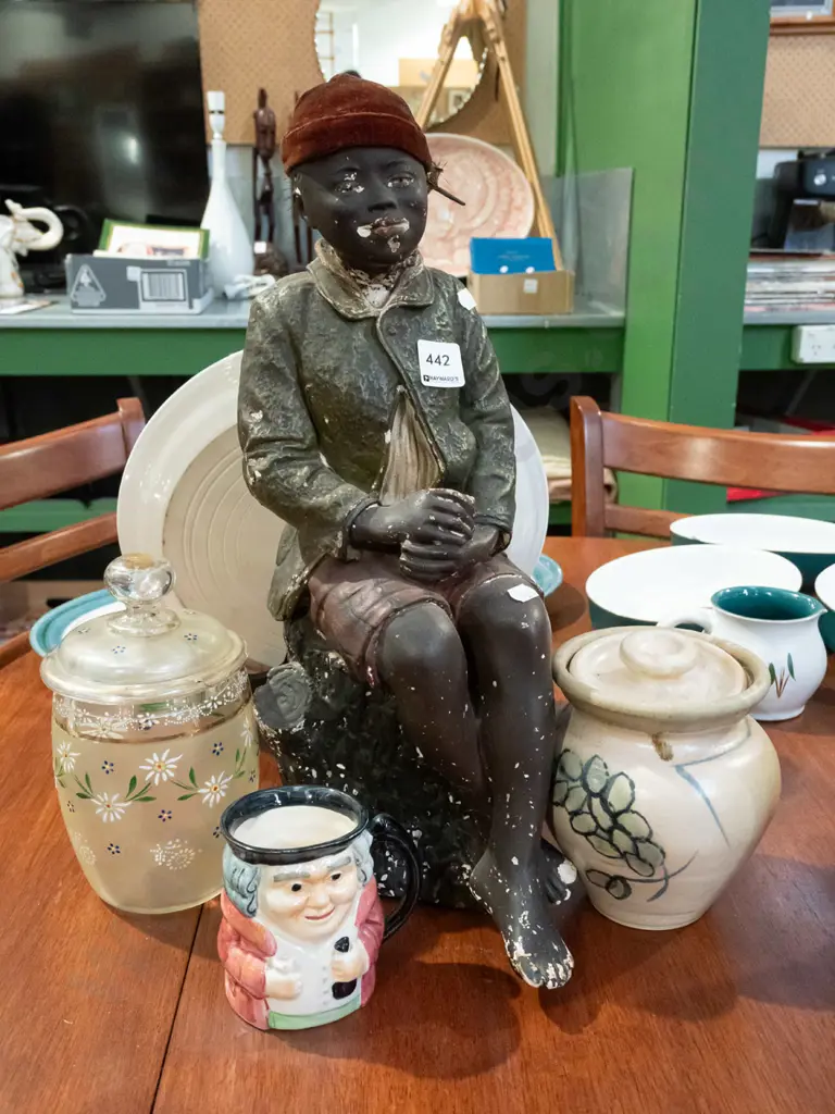 cast plaster seated figurine, 2x lidded storage containers, Shorter toby jug H460 Image 1++